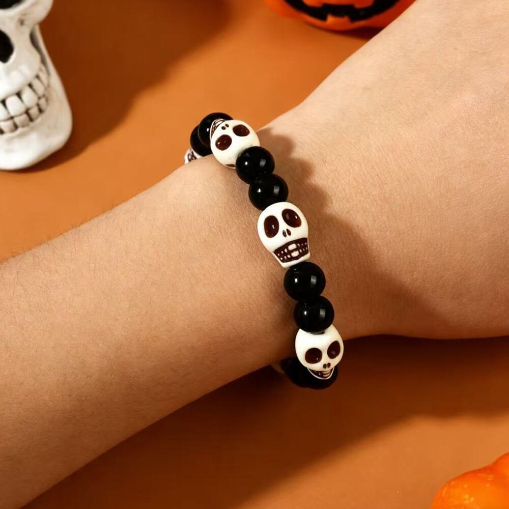Elegant Hip-Hop Halloween Gothic Style Skull Resin Beaded Bracelet Black New